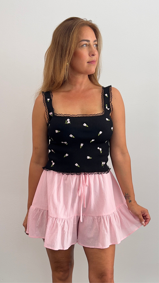 Cropped Top mit Stickerei & Spitzenkante – Schwarz mit Blumen